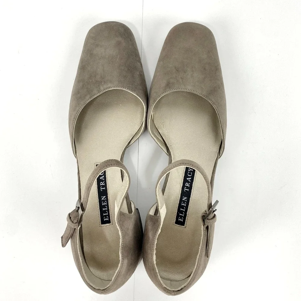 NEW Ellen Tracy Suede Leather Flats Women's 7.5 B D'Orsay Ankle Strap Taupe VTG